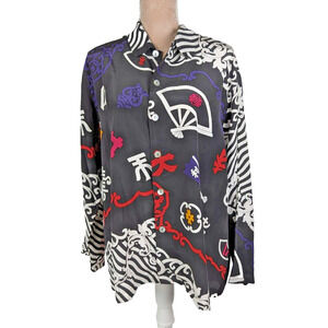 Chico's Size XL 100% Silk Blouse Colorful Geometric Asian 90's Top Black White